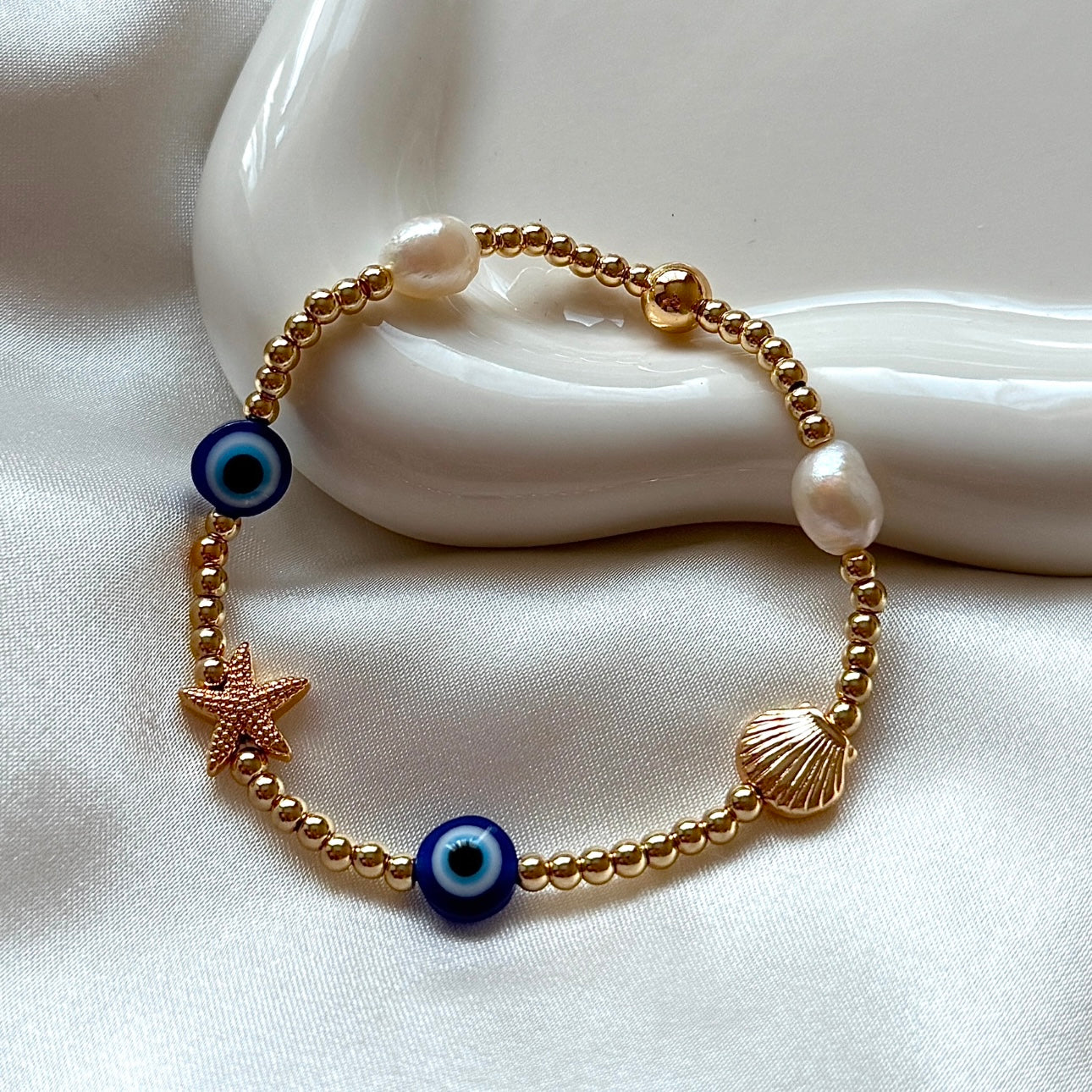 Eclectic evil eye shell bracelet - Positively Beaded