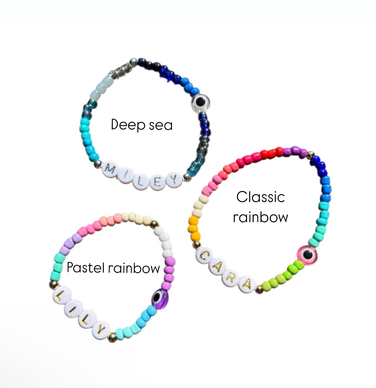 4mm Seed Bead Eye Name Bracelet - Rainbow Mix - Positively Beaded