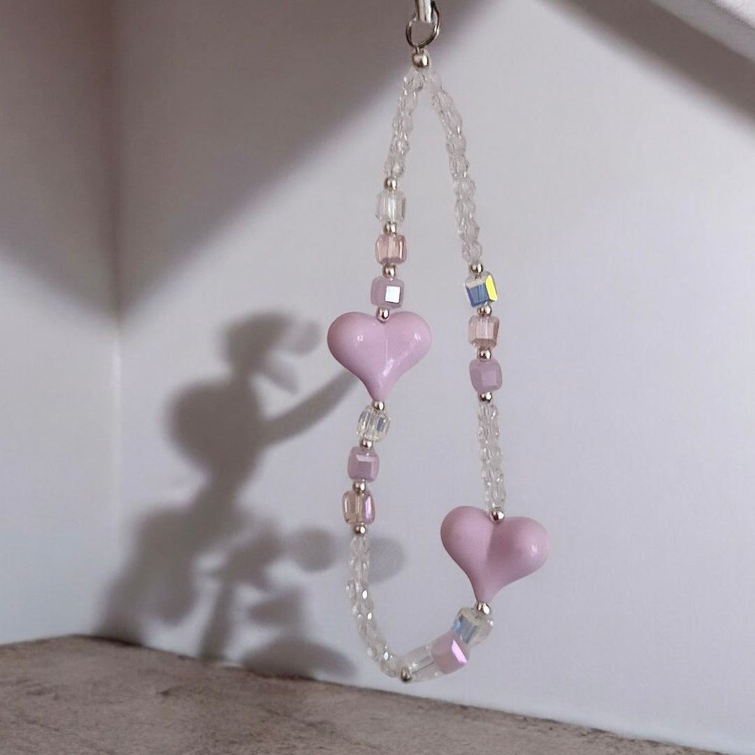 Crystal bead phone strap - candyfloss heart - Positively Beaded