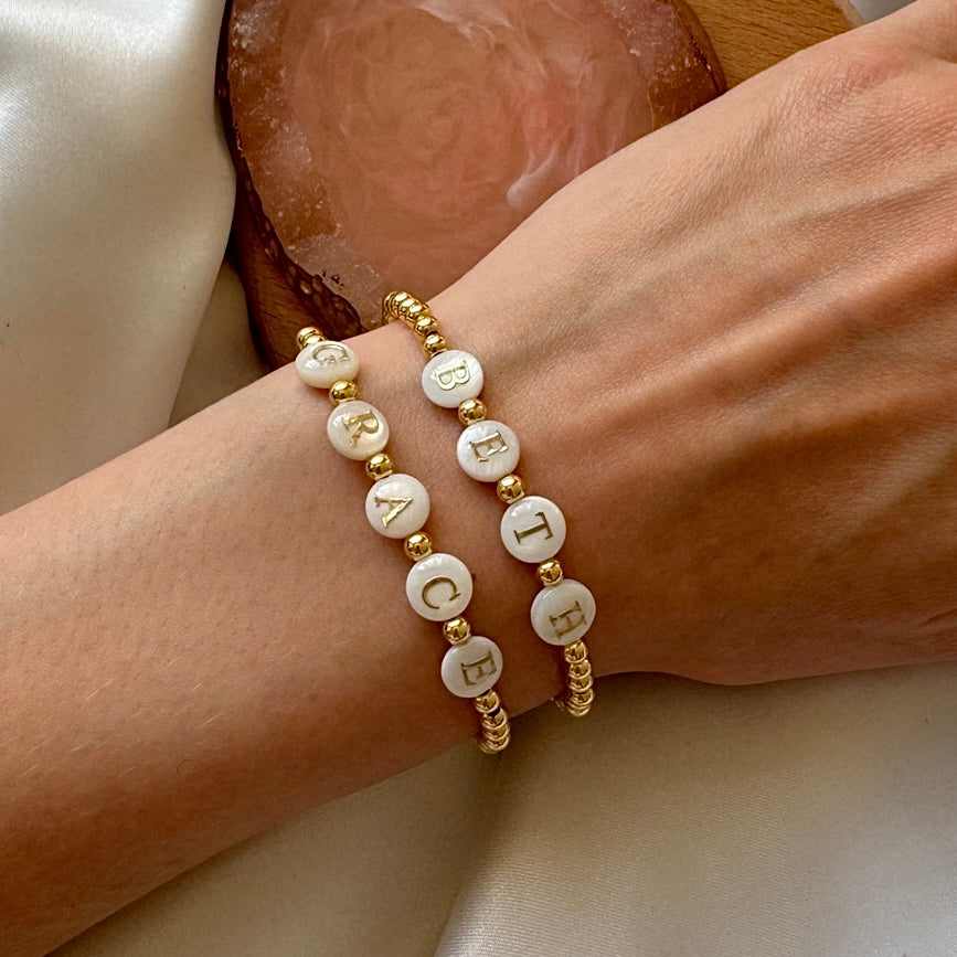 Gold plated freshwater pearl name bracelet - Positively Beaded