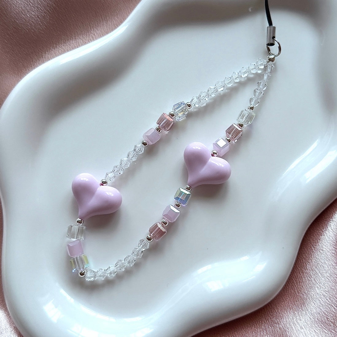 Crystal bead phone strap - candyfloss heart - Positively Beaded