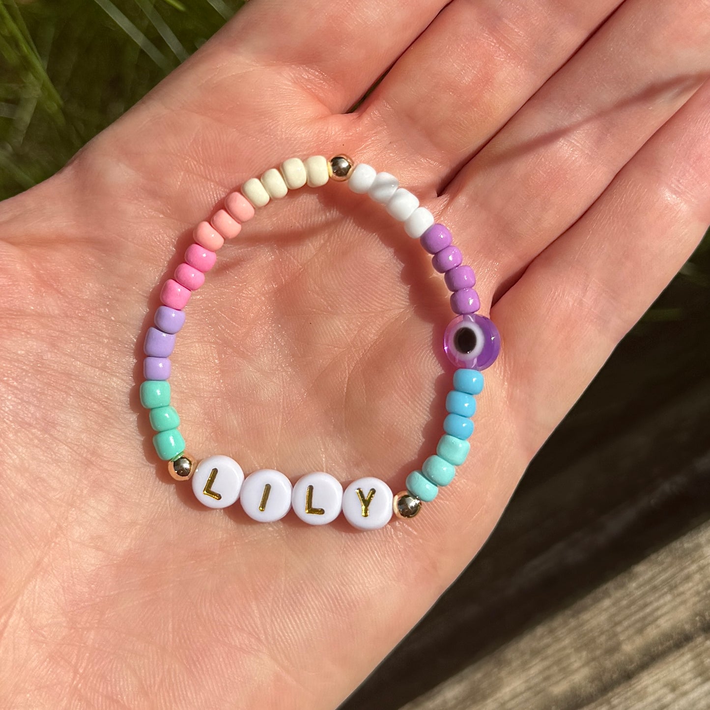 4mm Seed Bead Eye Name Bracelet - Rainbow Mix - Positively Beaded