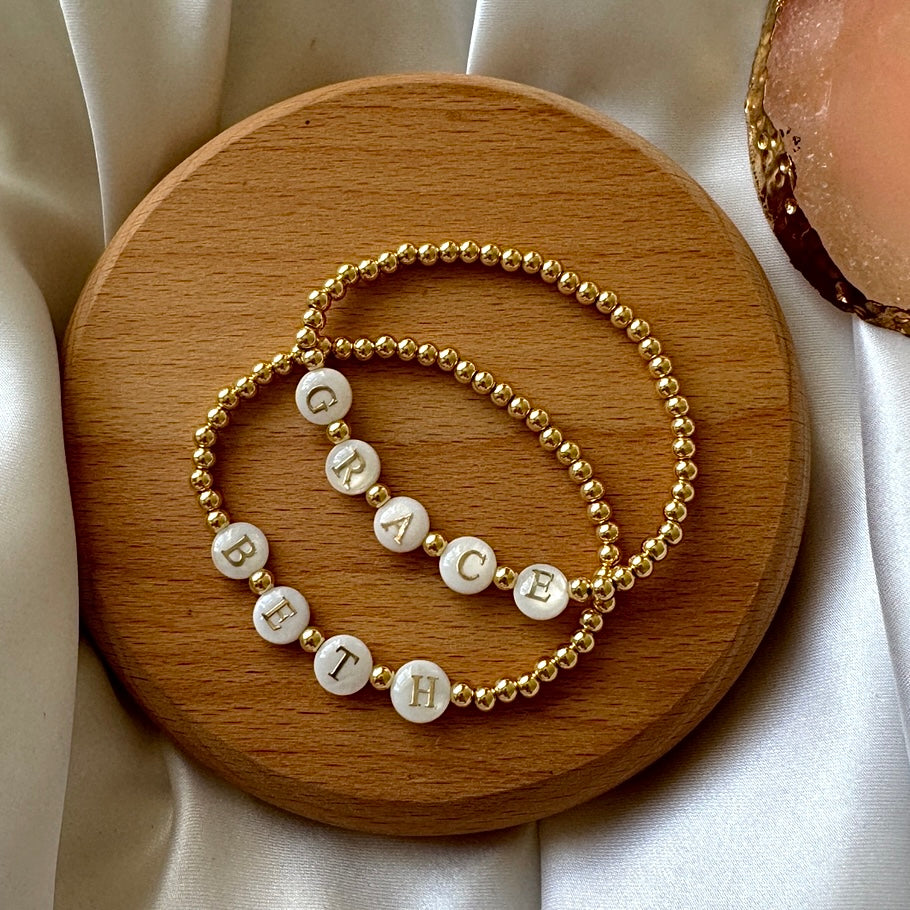 Gold plated freshwater pearl name bracelet - Positively Beaded