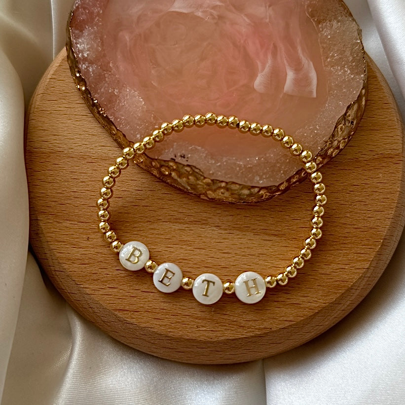 Gold plated freshwater pearl name bracelet - Positively Beaded