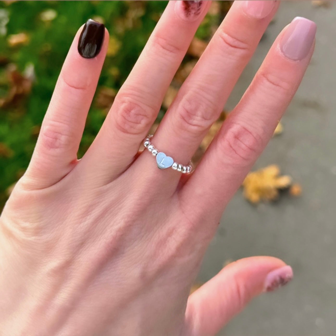 Dainty sterling silver engraved initial ring - Positively Beaded