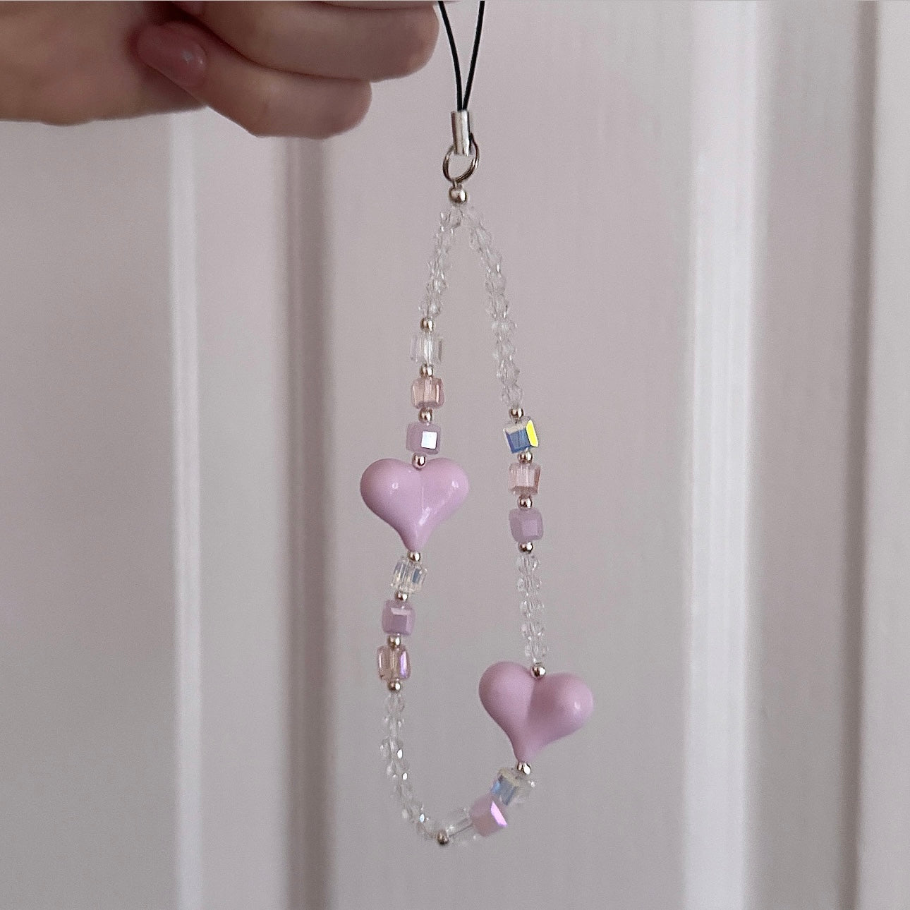 Crystal bead phone strap - candyfloss heart - Positively Beaded