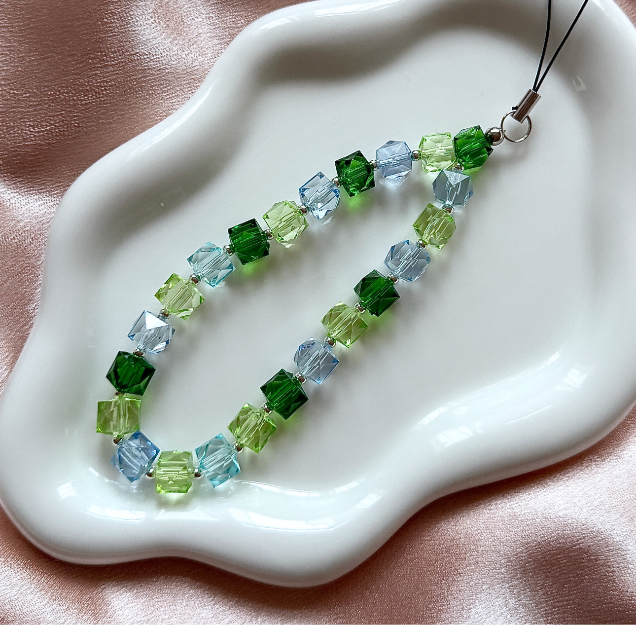 Crystal cube phone strap - seafoam - Positively Beaded