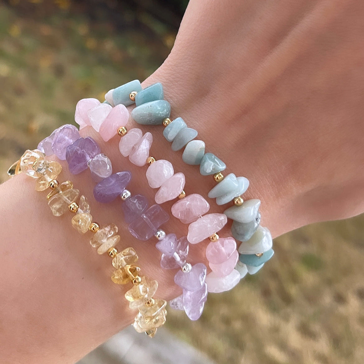Beaded crystal healing bracelets with gold and silver detailing