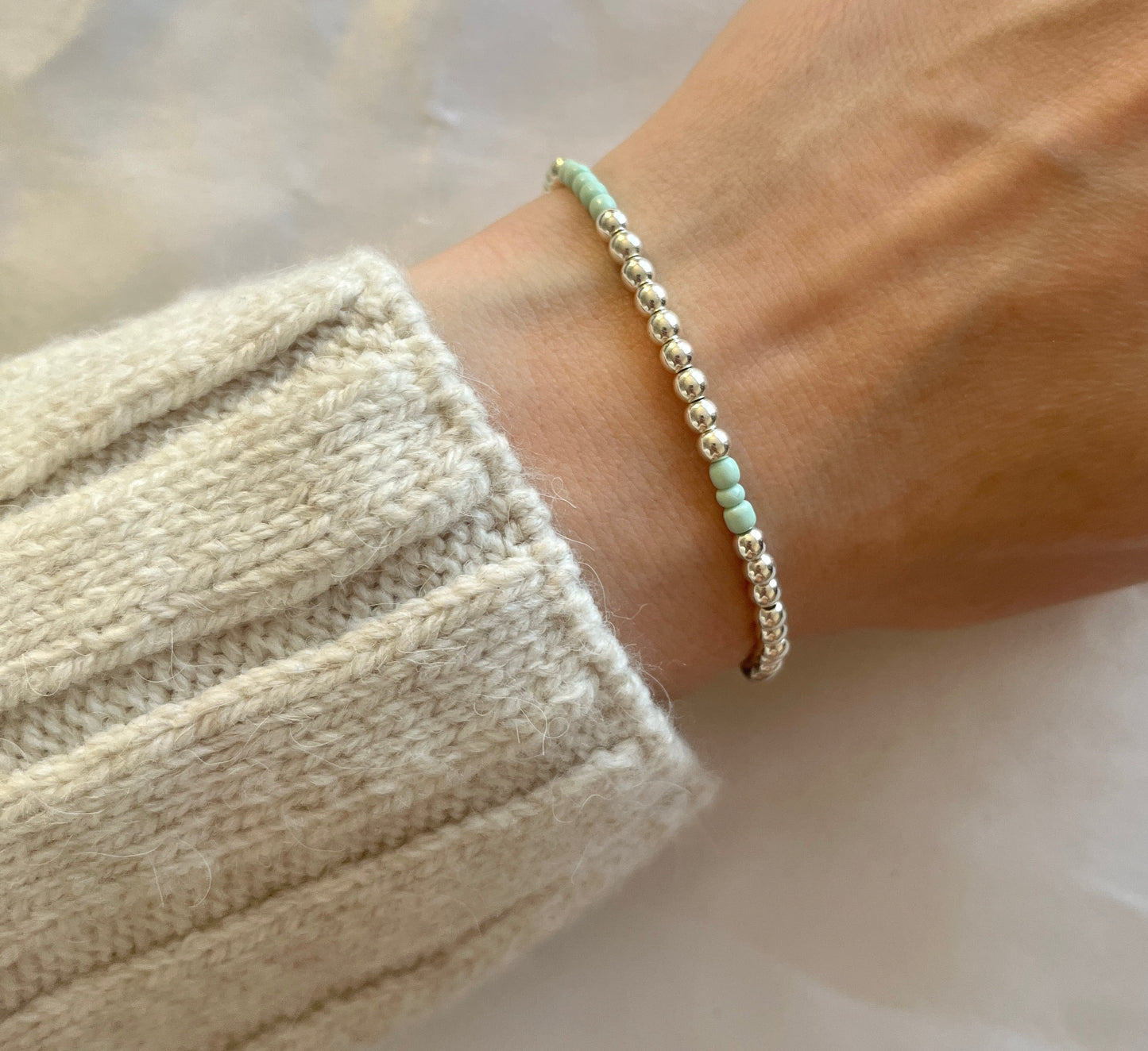 Mint and silver minimalist beaded bracelet - Positively Beaded