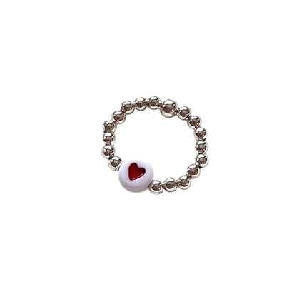 Red And White Heart Beaded Ring