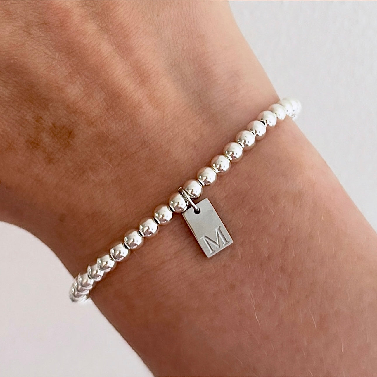 925 Sterling Silver Engraved Initial Tag Bracelet - Positively Beaded