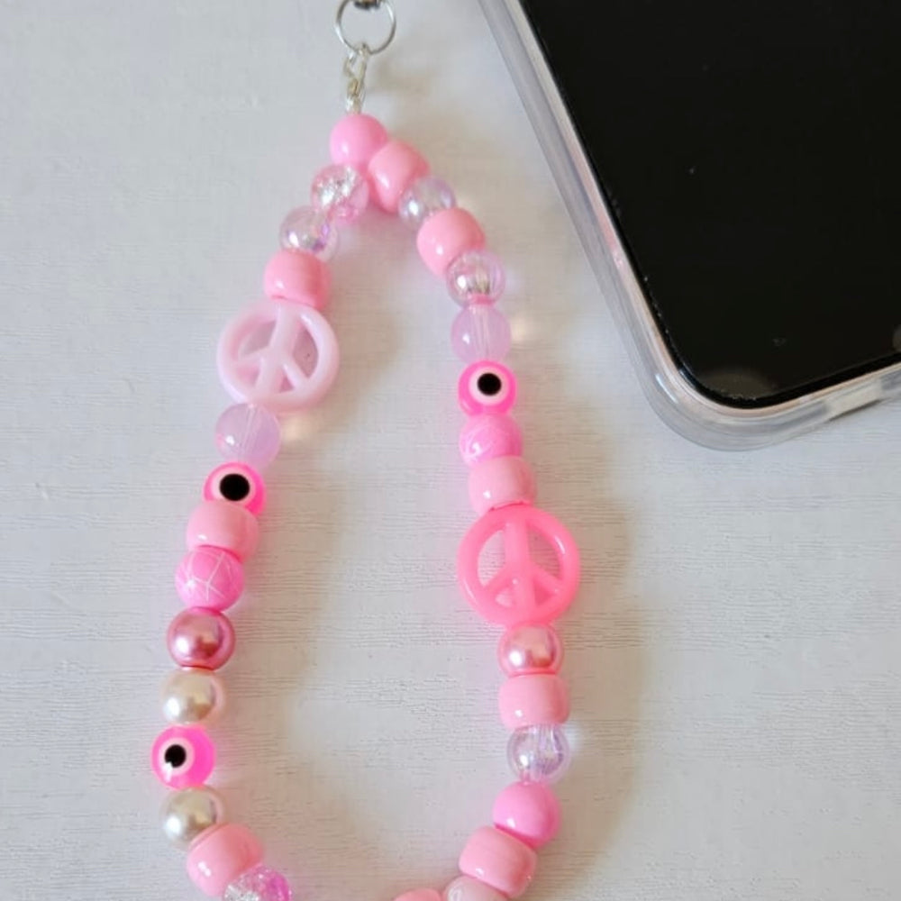 Beaded phone strap - chunky pink eclectic