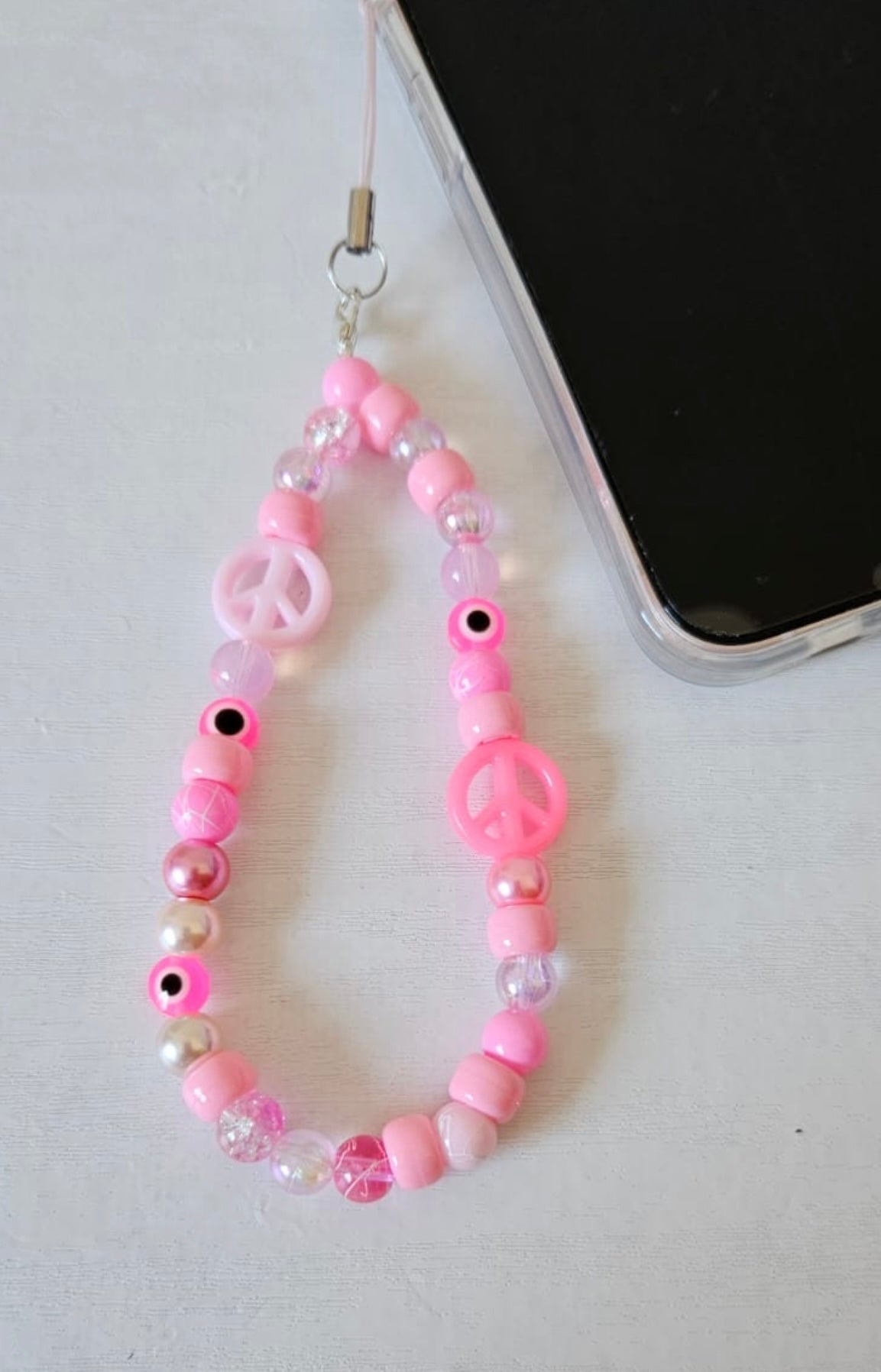 Beaded phone strap - chunky pink eclectic