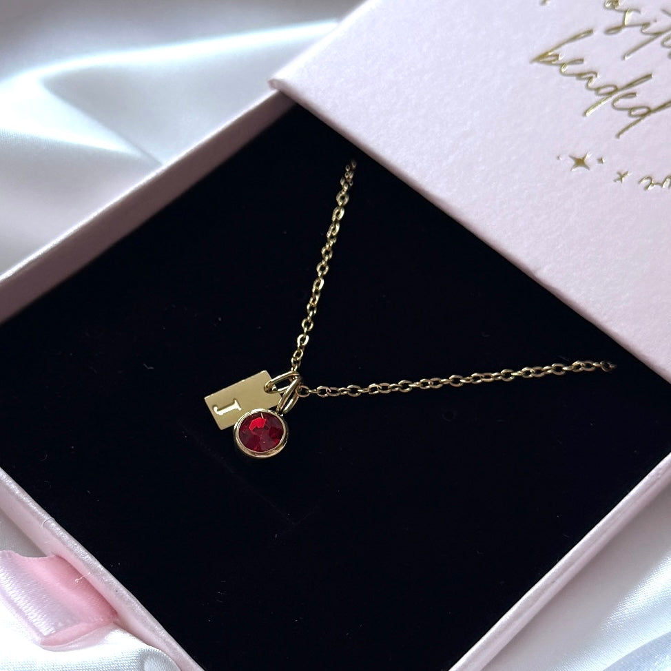 Engraved Initial Birthstone Charm Necklace