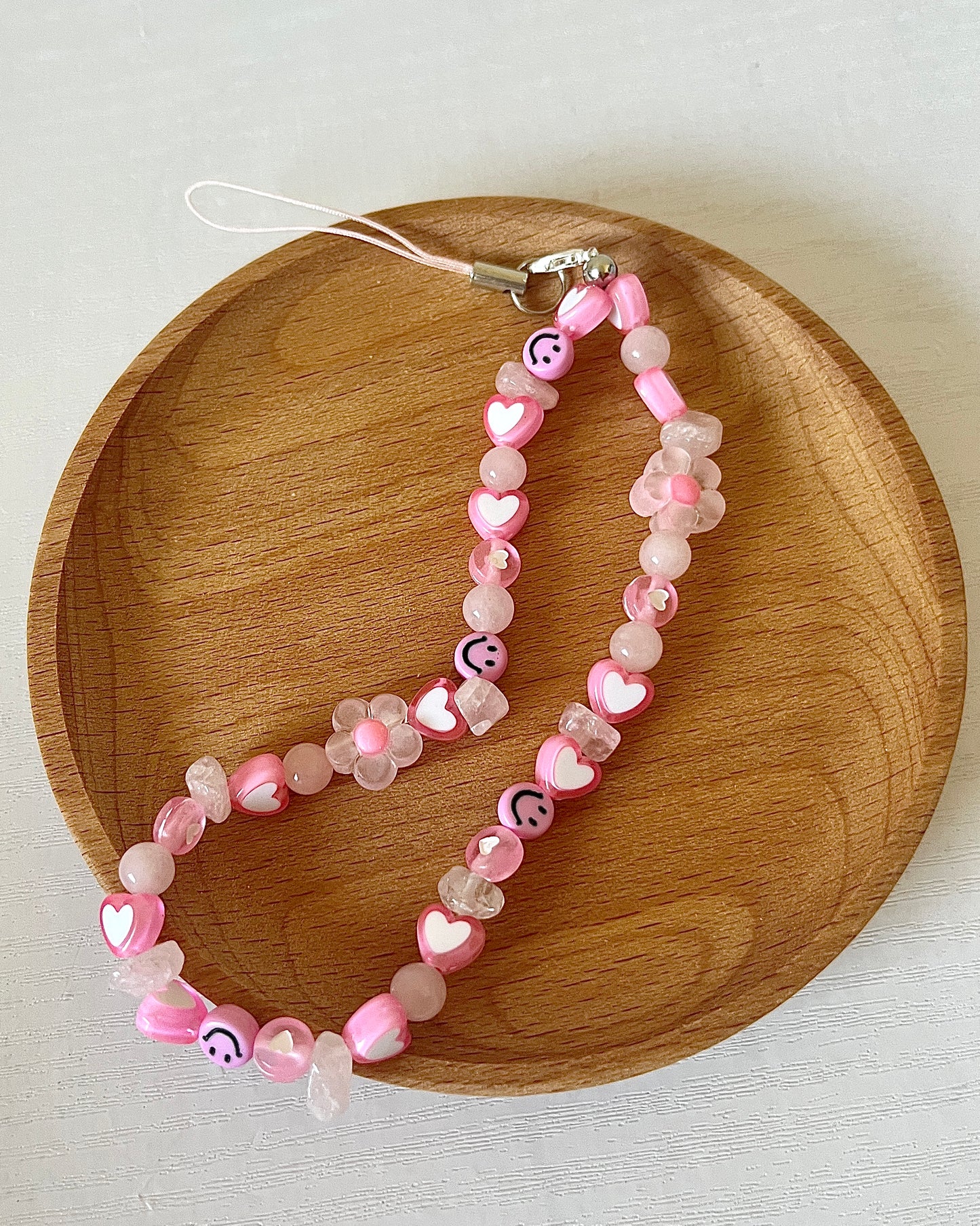 Beaded phone strap - eclectic pink smile