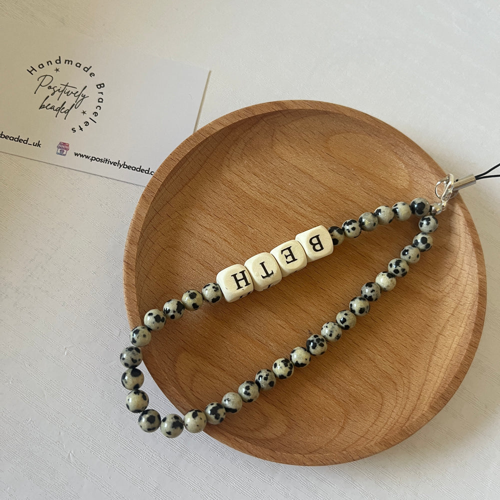 
                      
                        Personalised beaded phone strap - Dalmatian jasper
                      
                    