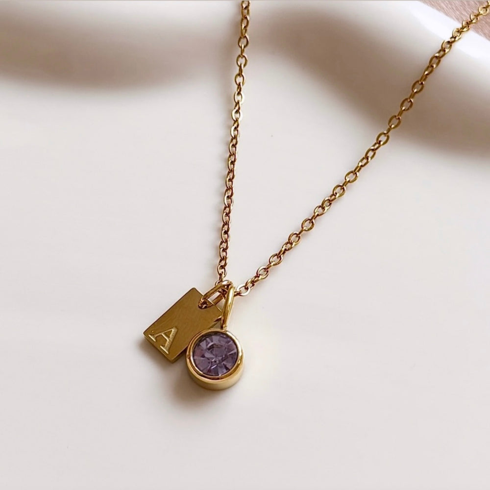 Engraved Initial Birthstone Charm Necklace