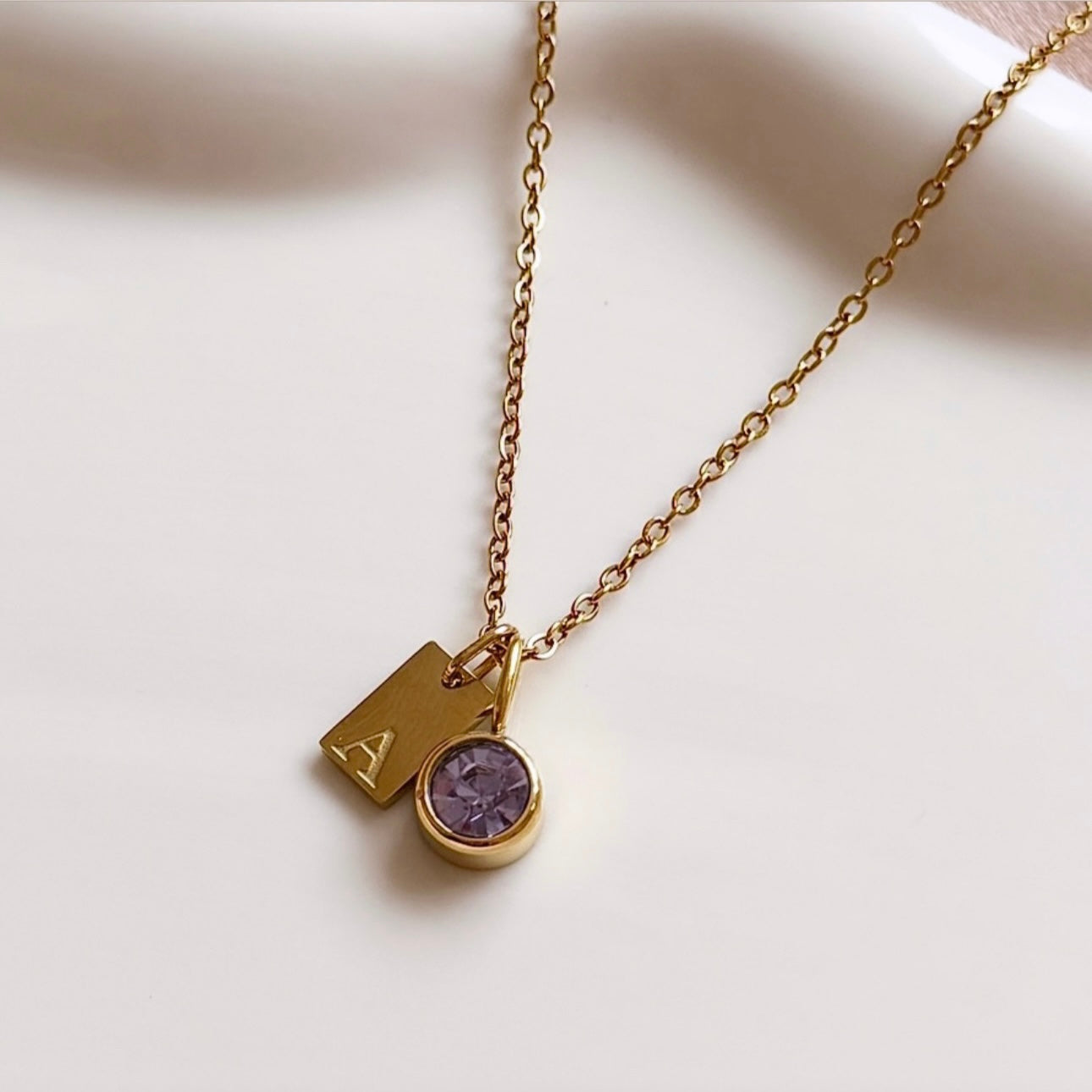 Engraved Initial Birthstone Charm Necklace