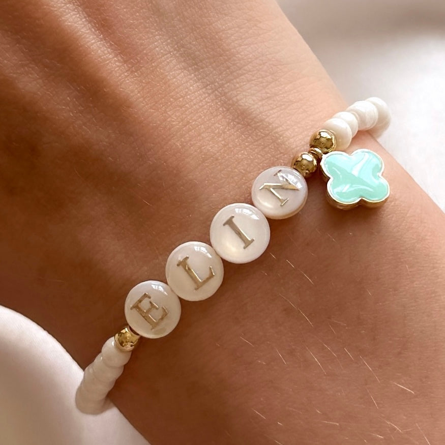 Freshwater pearl and clover name bracelet - Positively Beaded
