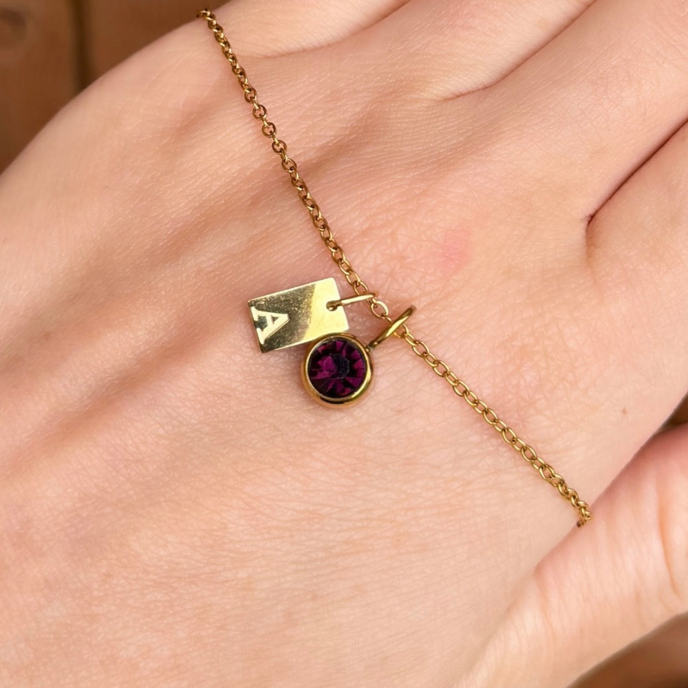 Engraved Initial Birthstone Charm Necklace