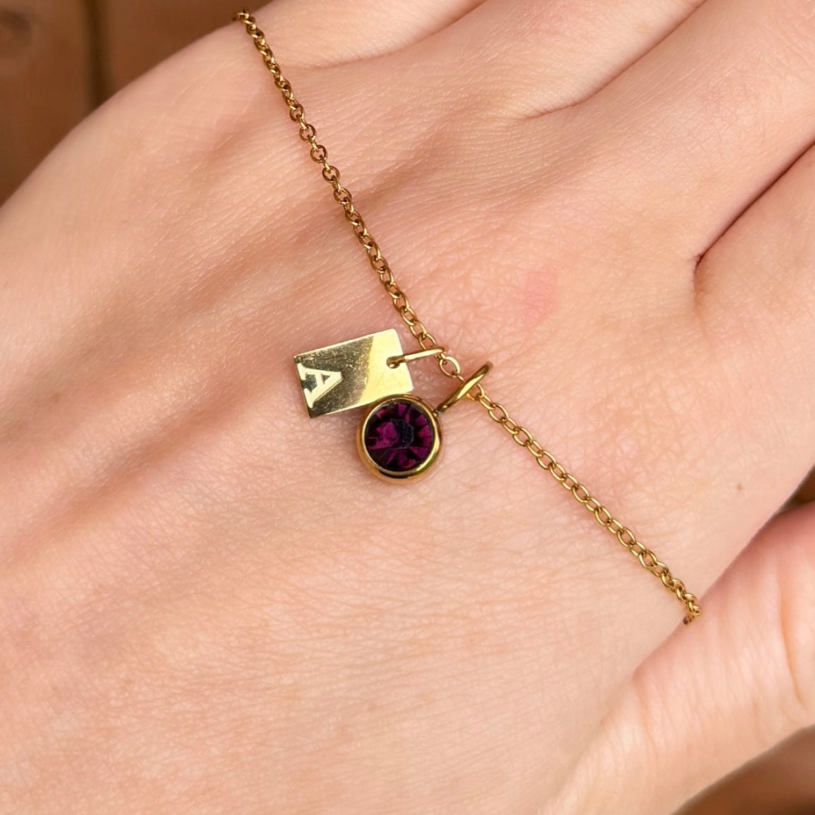 Engraved Initial Birthstone Charm Necklace