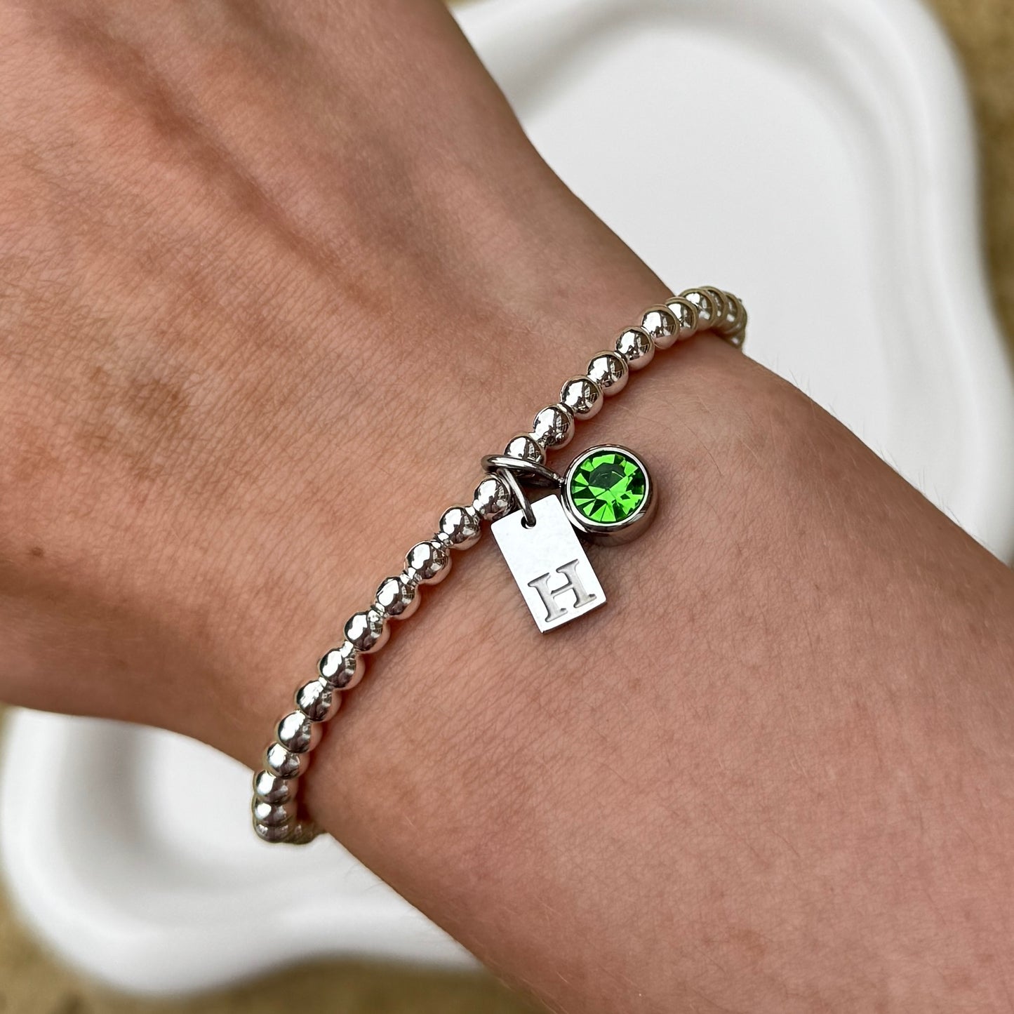Engraved Initial Birthstone Charm Bracelet - Positively Beaded