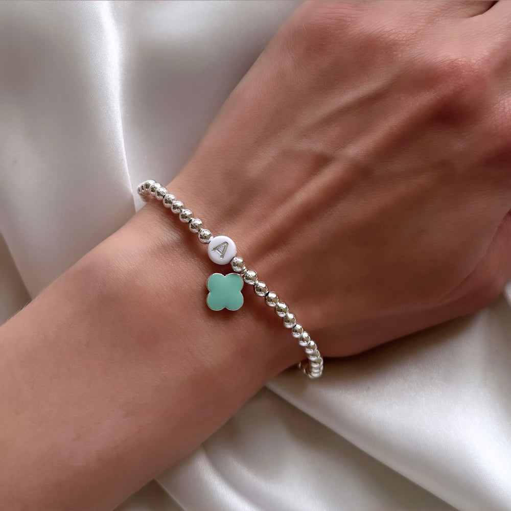 Silver clover charm initial bracelet - Positively Beaded