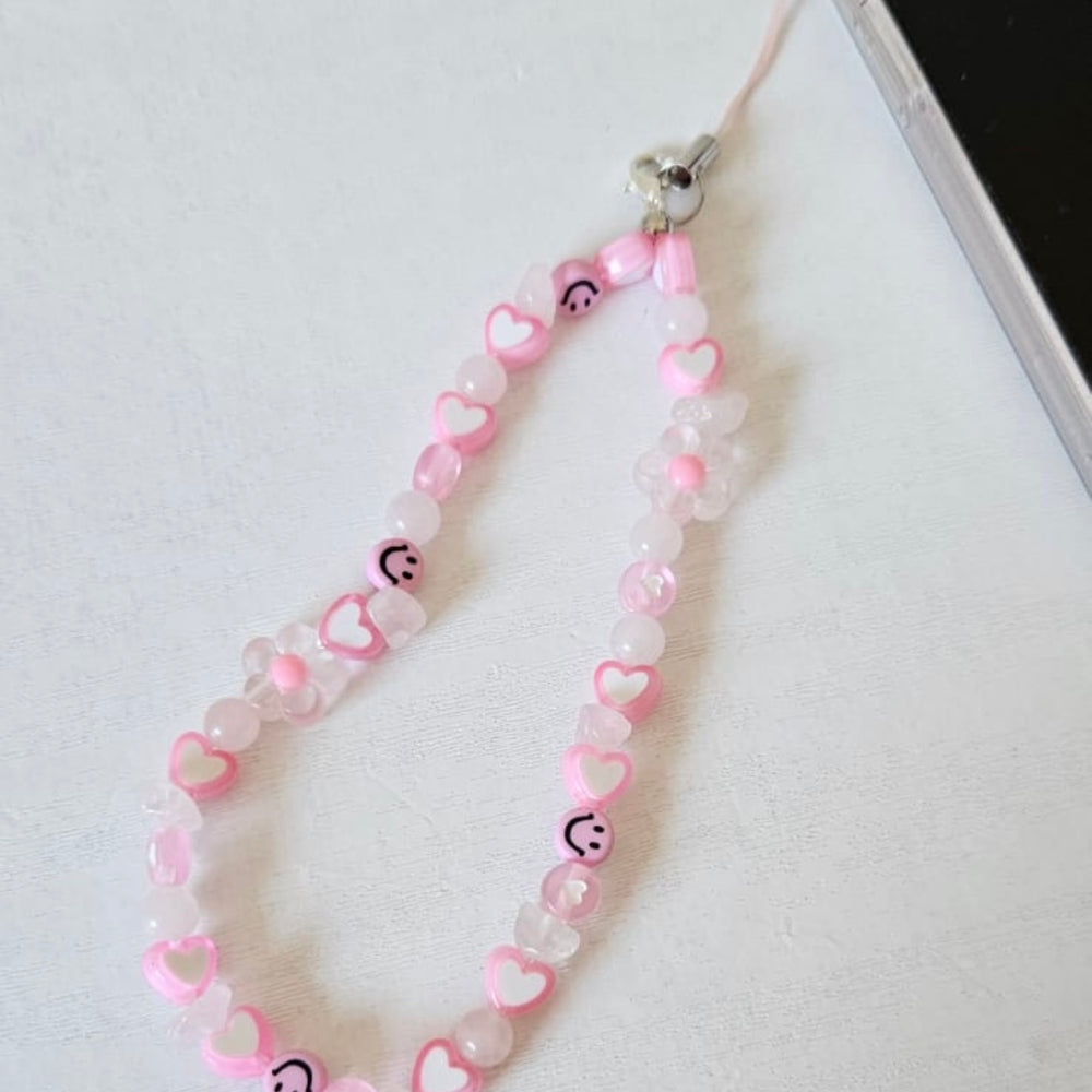 Beaded phone strap - eclectic pink smile