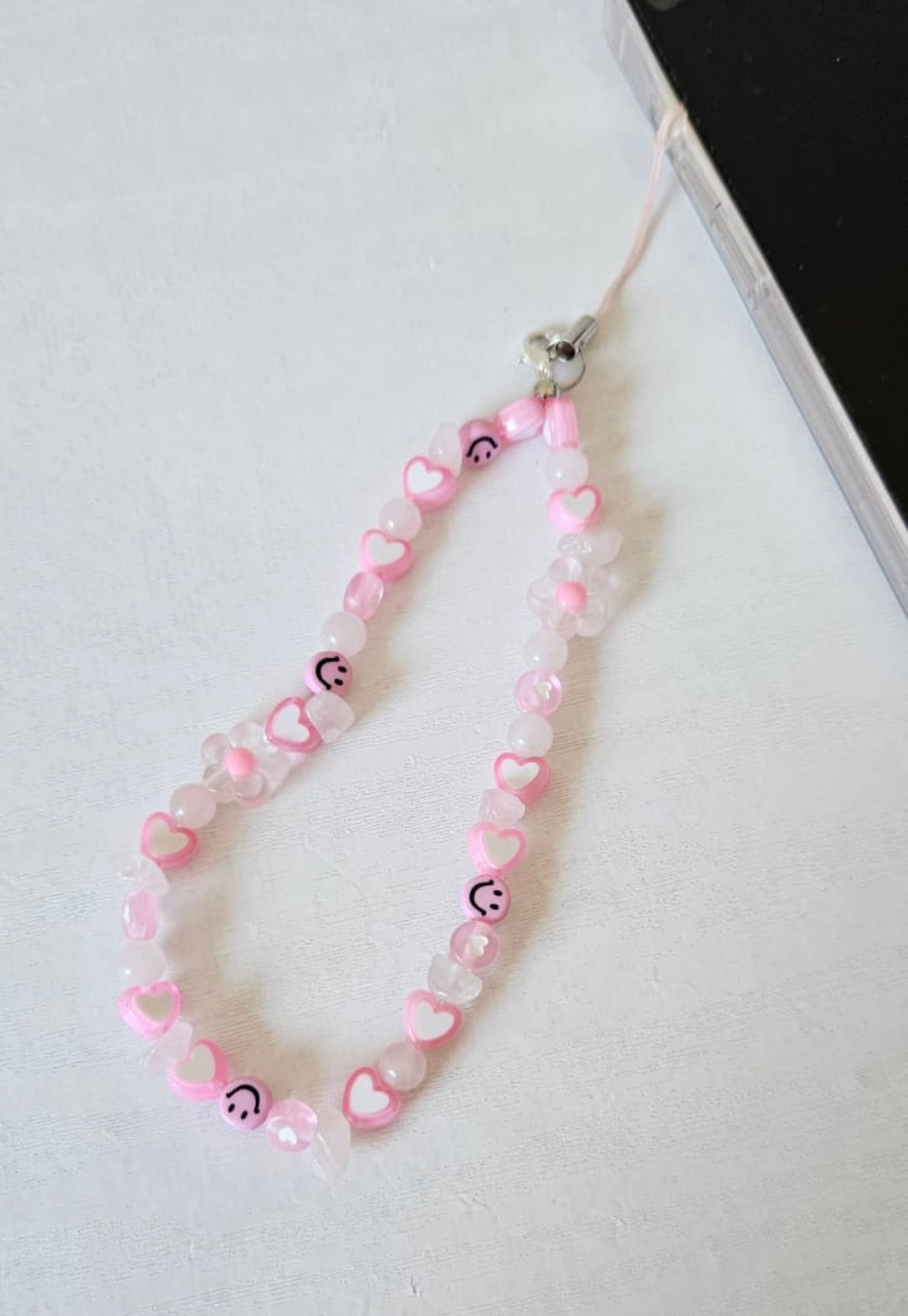 Beaded phone strap - eclectic pink smile