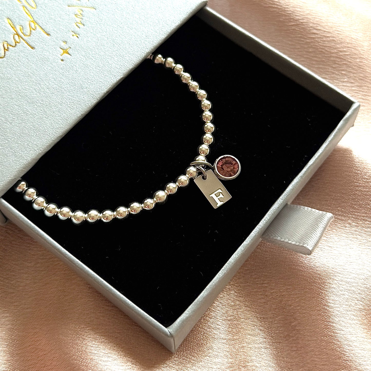 Luxe Engraved Initial Birthstone Charm Bracelet - 925 Sterling Silver - Positively Beaded