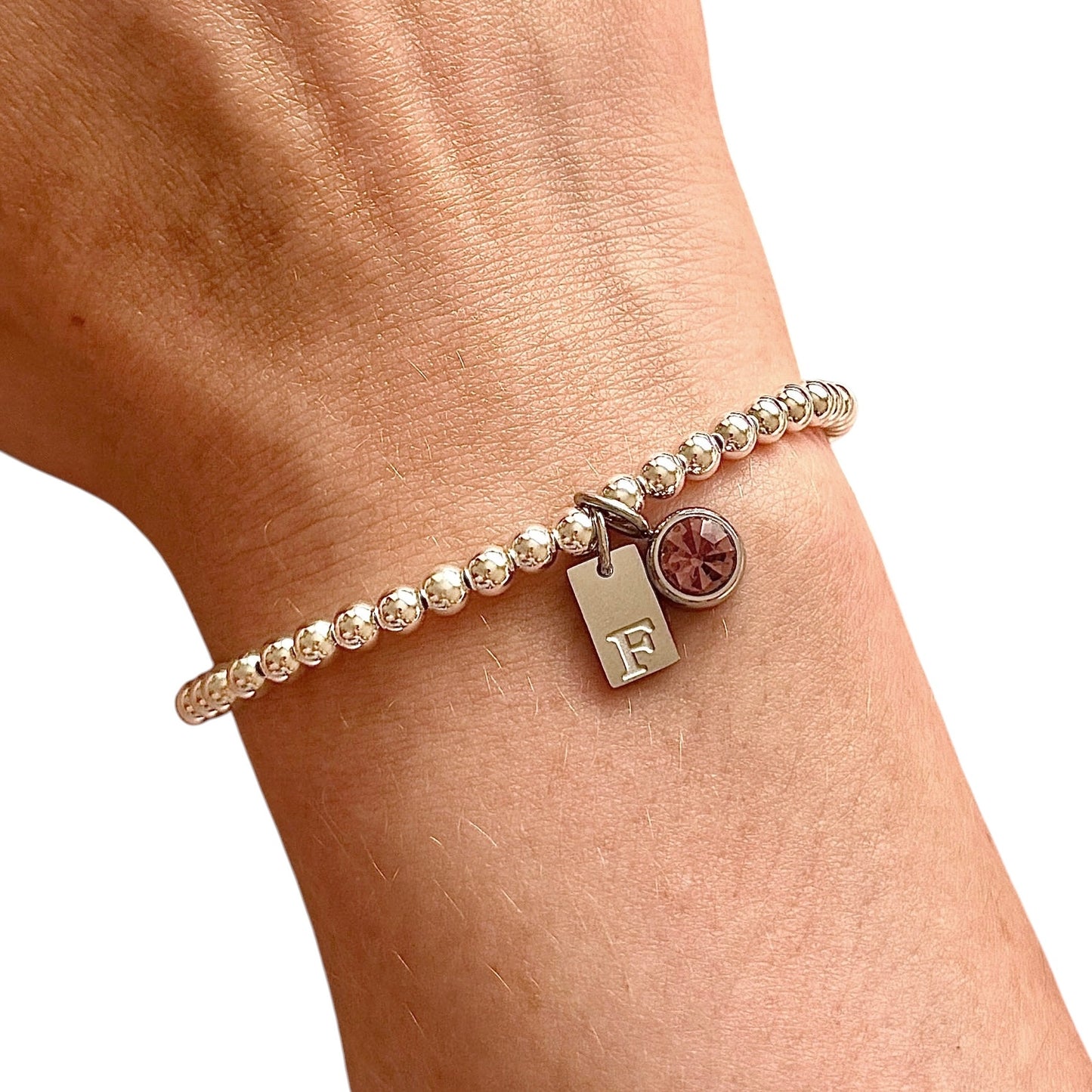 Luxe Engraved Initial Birthstone Charm Bracelet - 925 Sterling Silver