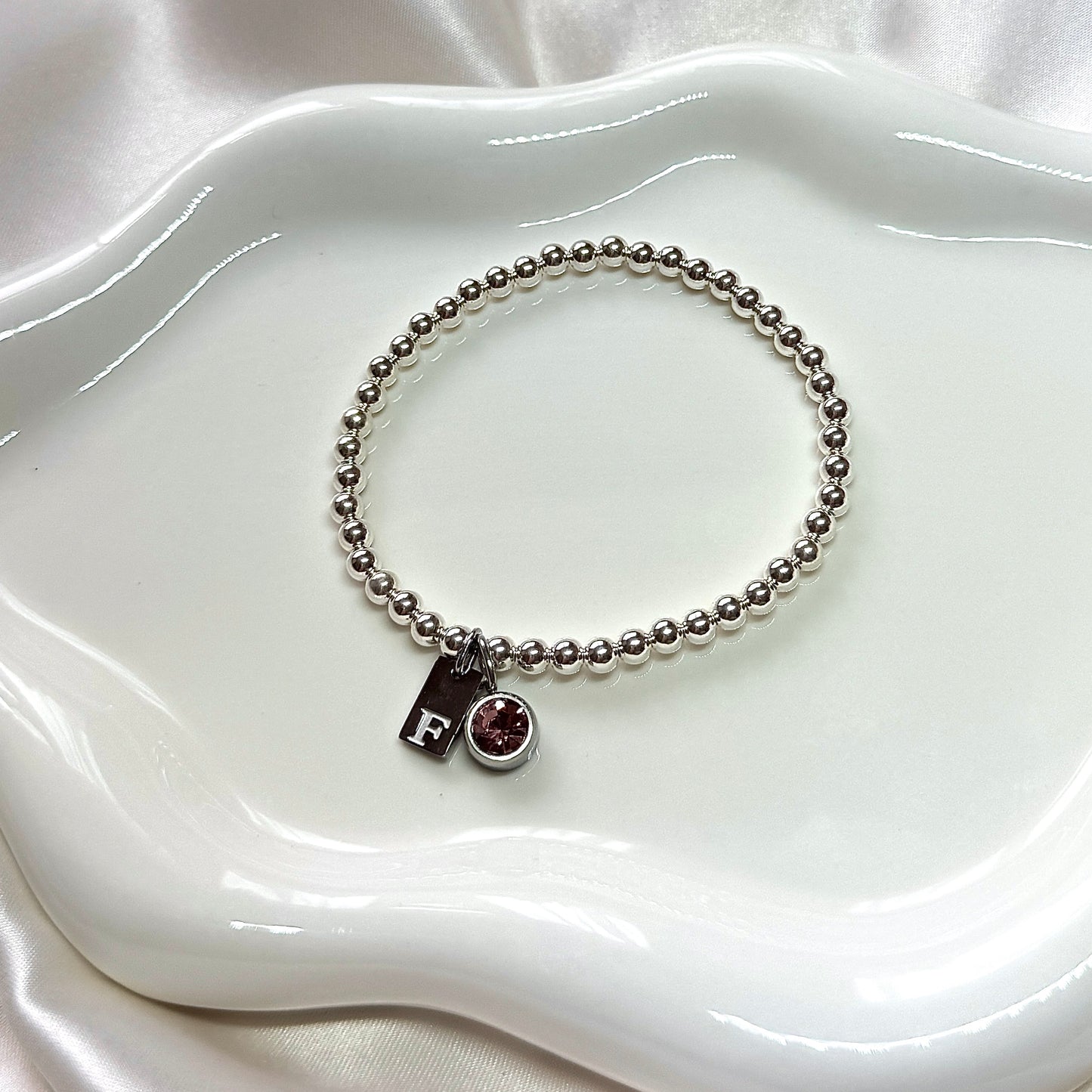 Luxe Engraved Initial Birthstone Charm Bracelet - 925 Sterling Silver - Positively Beaded