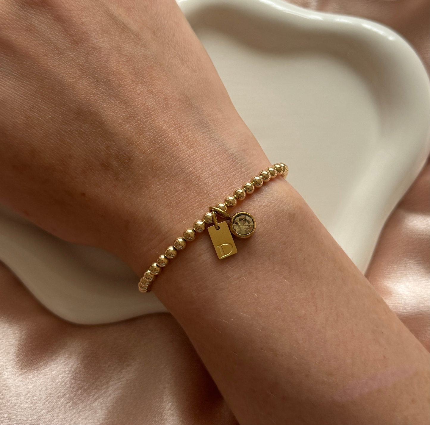 Luxe Engraved Initial Birthstone Charm Bracelet - 14kt Gold Filled - Positively Beaded