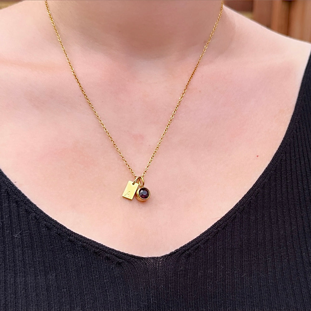 
                      
                        Engraved Initial Birthstone Charm Necklace - Positively Beaded
                      
                    