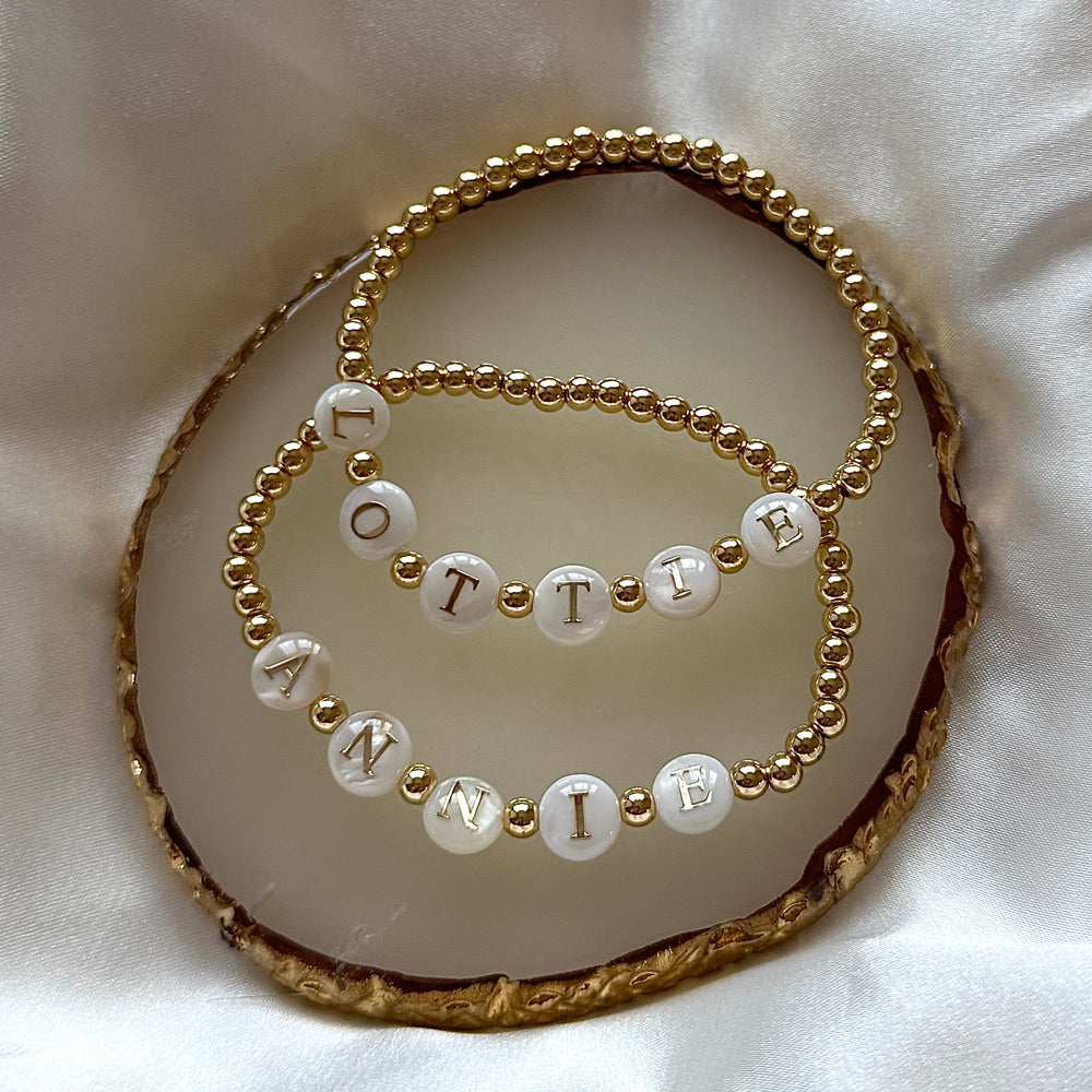 Gold filled freshwater pearl name bracelet - Positively Beaded