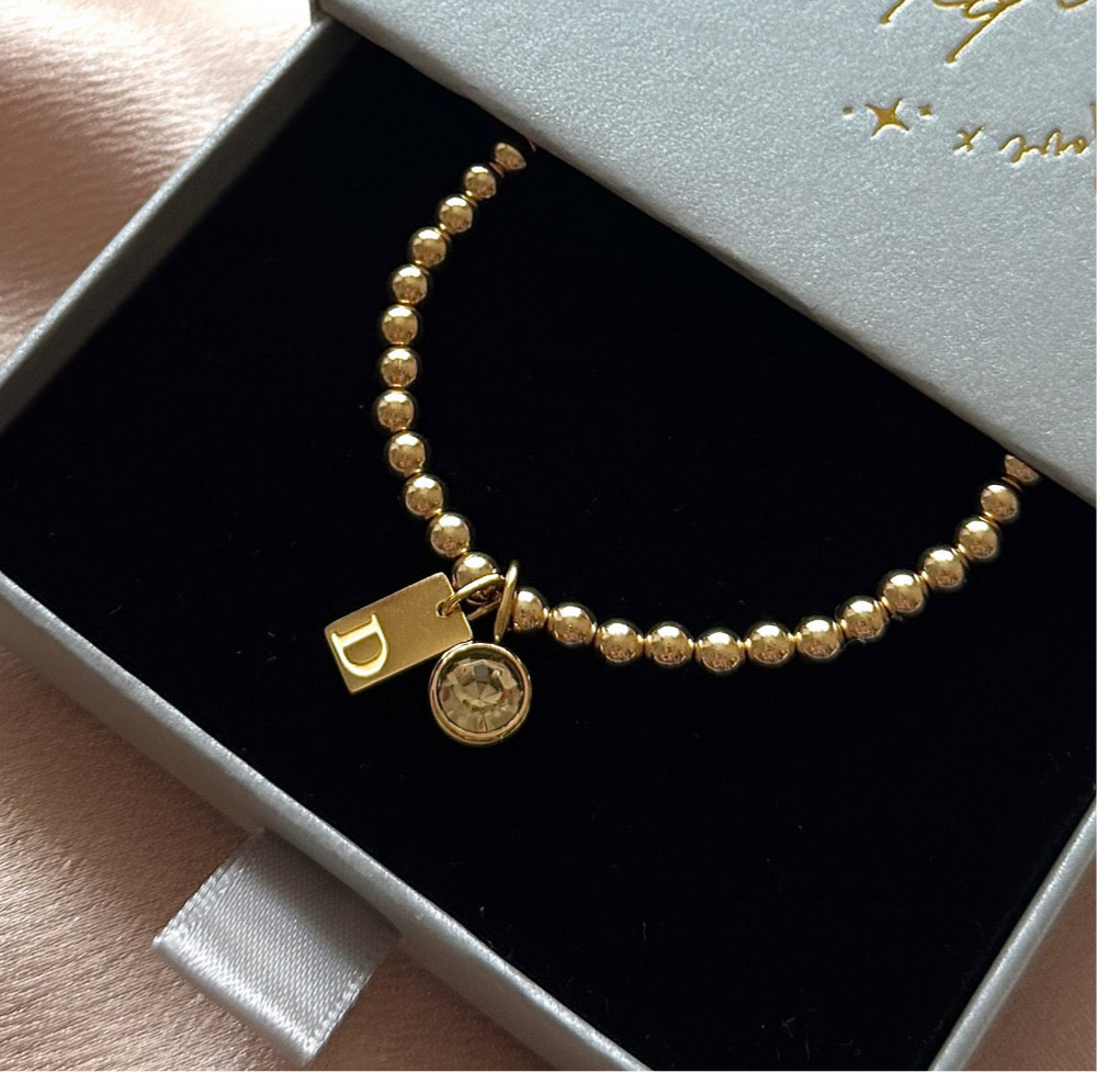 Luxe Engraved Initial Birthstone Charm Bracelet - 14kt Gold Filled - Positively Beaded
