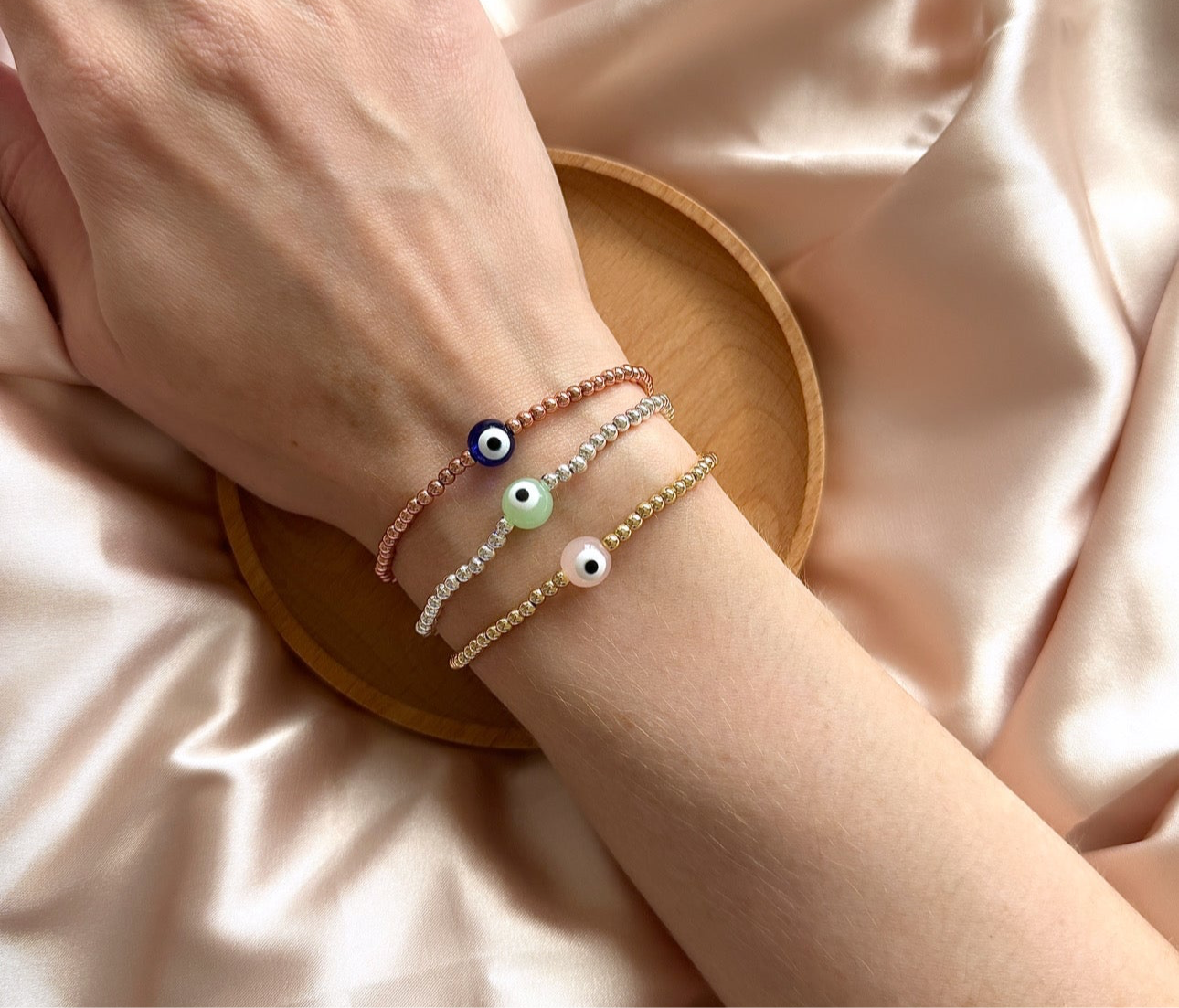 Colourful delicate evil eye bracelet - gold, rose gold, silver