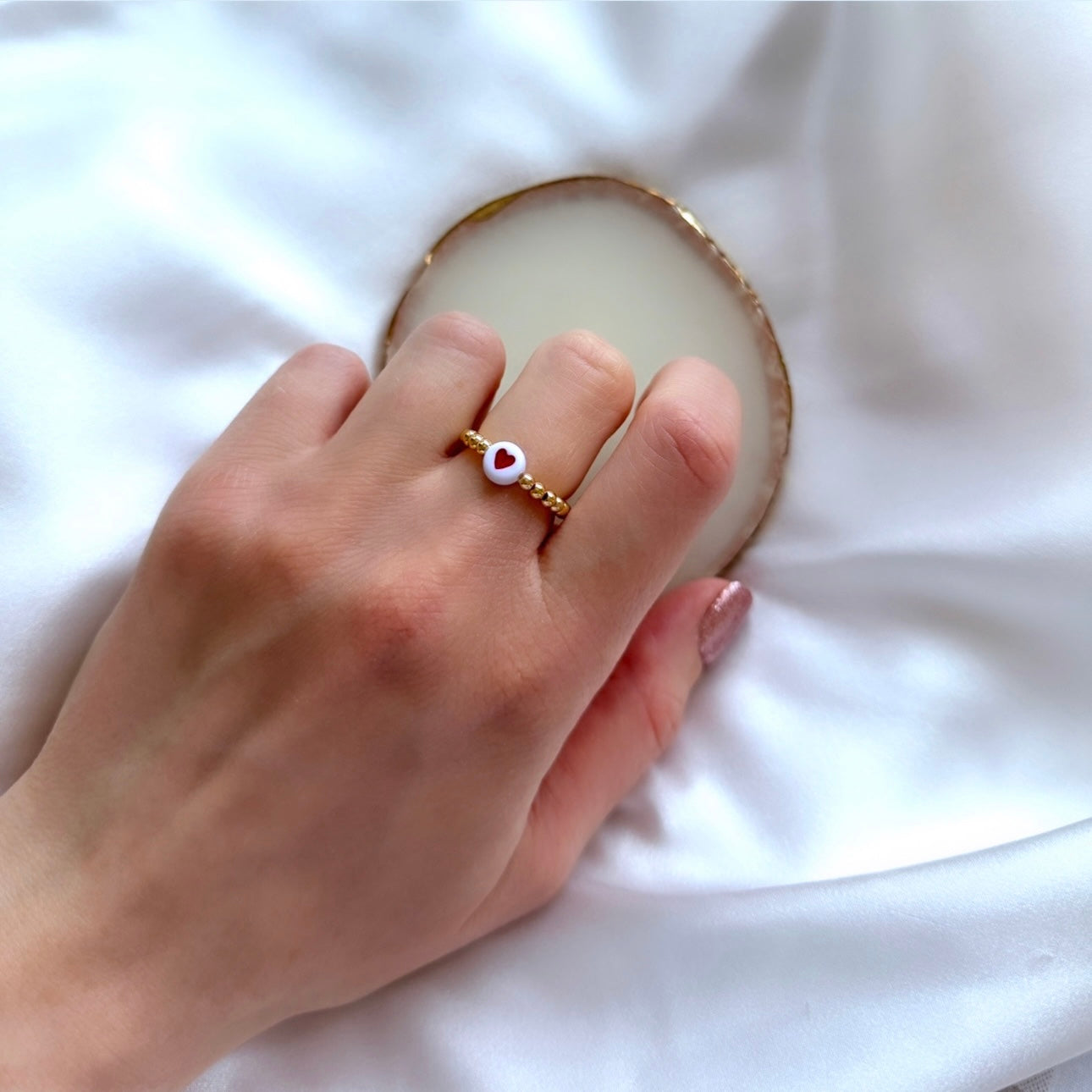 Red and white heart beaded ring - Positively Beaded