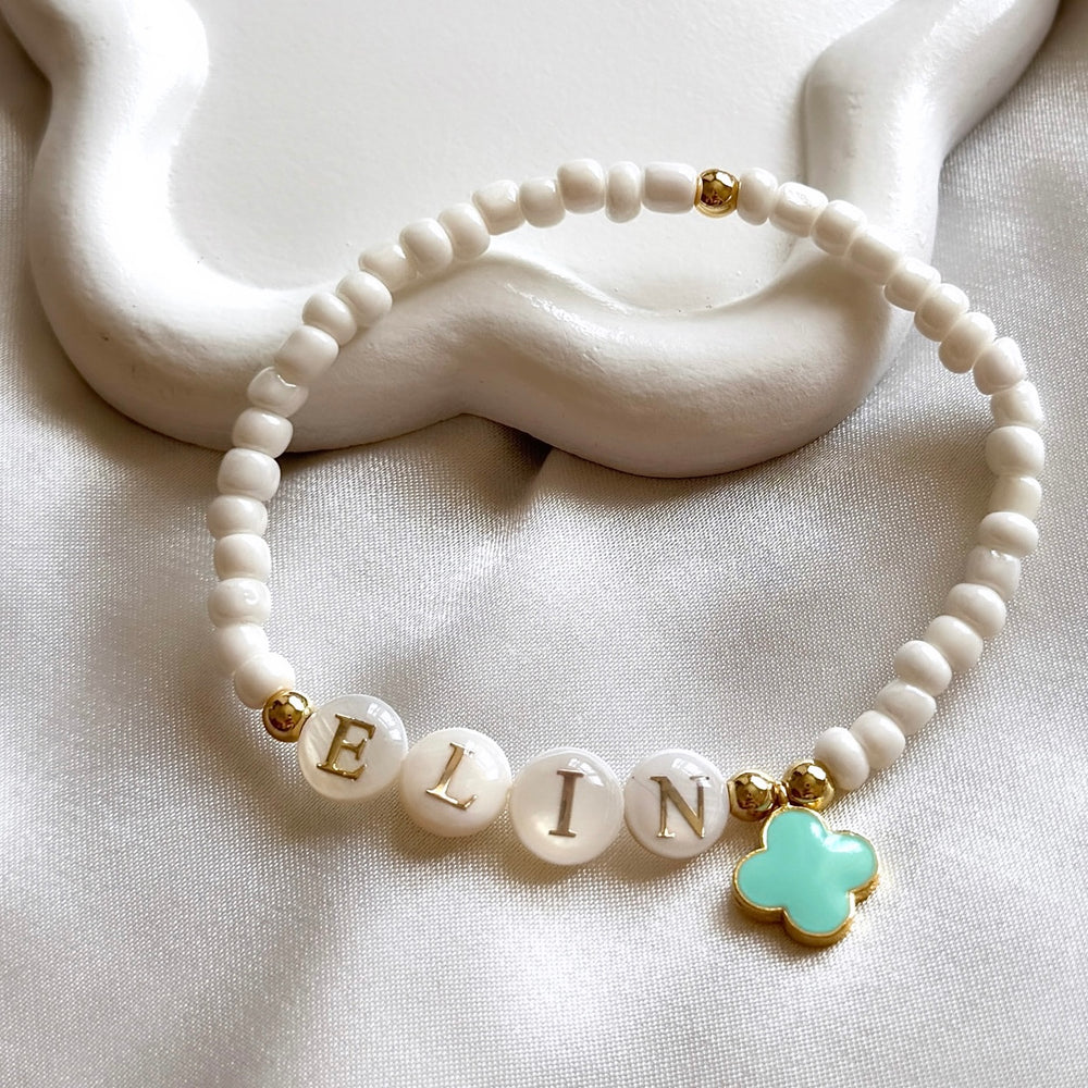 Freshwater pearl and clover name bracelet - Positively Beaded