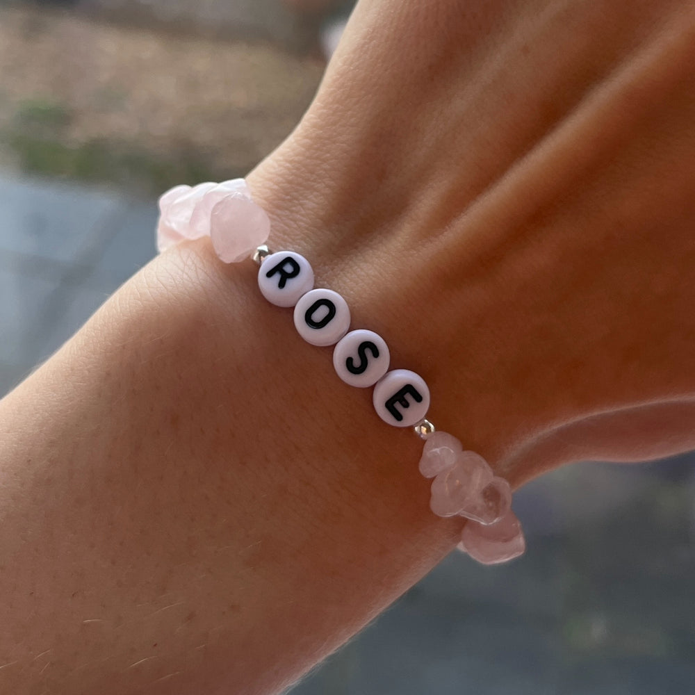 Classic rose quartz name bracelet - Positively Beaded