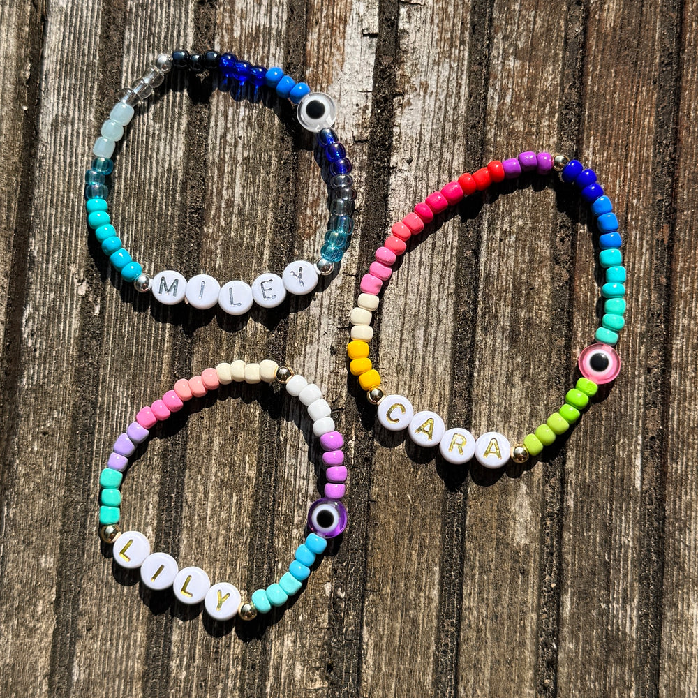 4mm Seed Bead Eye Name Bracelet - Rainbow Mix - Positively Beaded