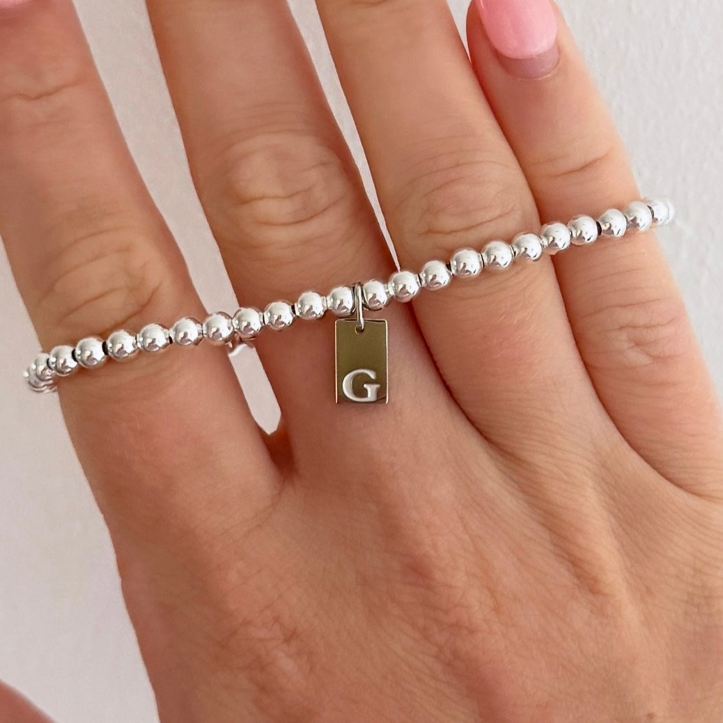 Silver Plated Engraved Initial Tag Bracelet - Positively Beaded