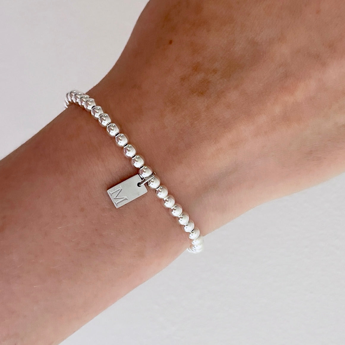 925 Sterling Silver Engraved Initial Tag Bracelet - Positively Beaded
