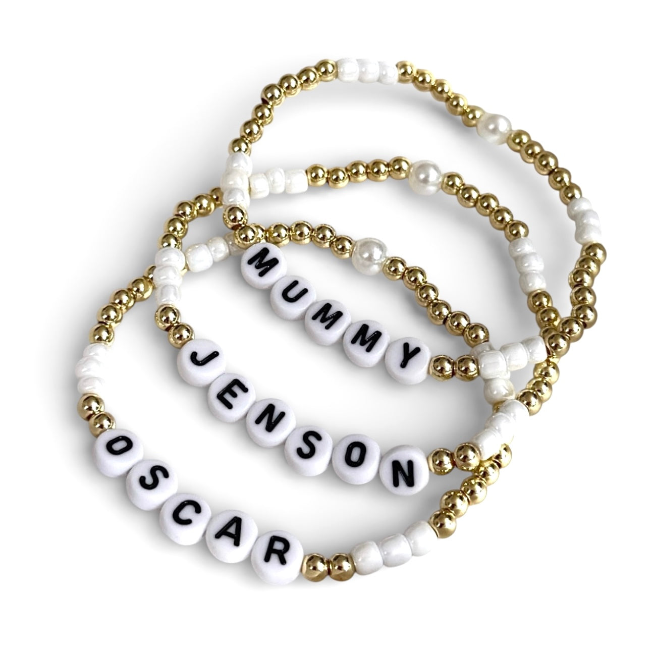 Pearl and gold name bracelet