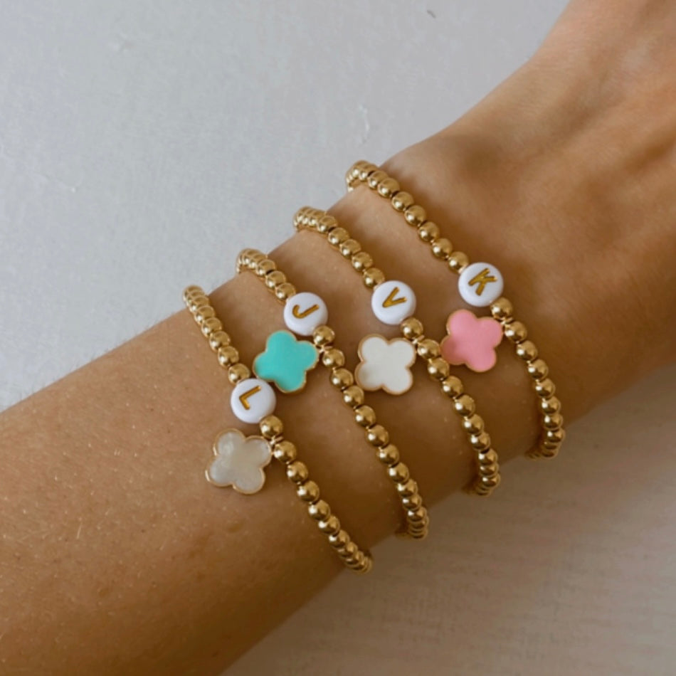 Gold clover charm initial bracelet - Positively Beaded