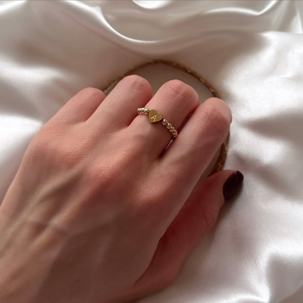 Dainty gold filled engraved initial ring - Positively Beaded