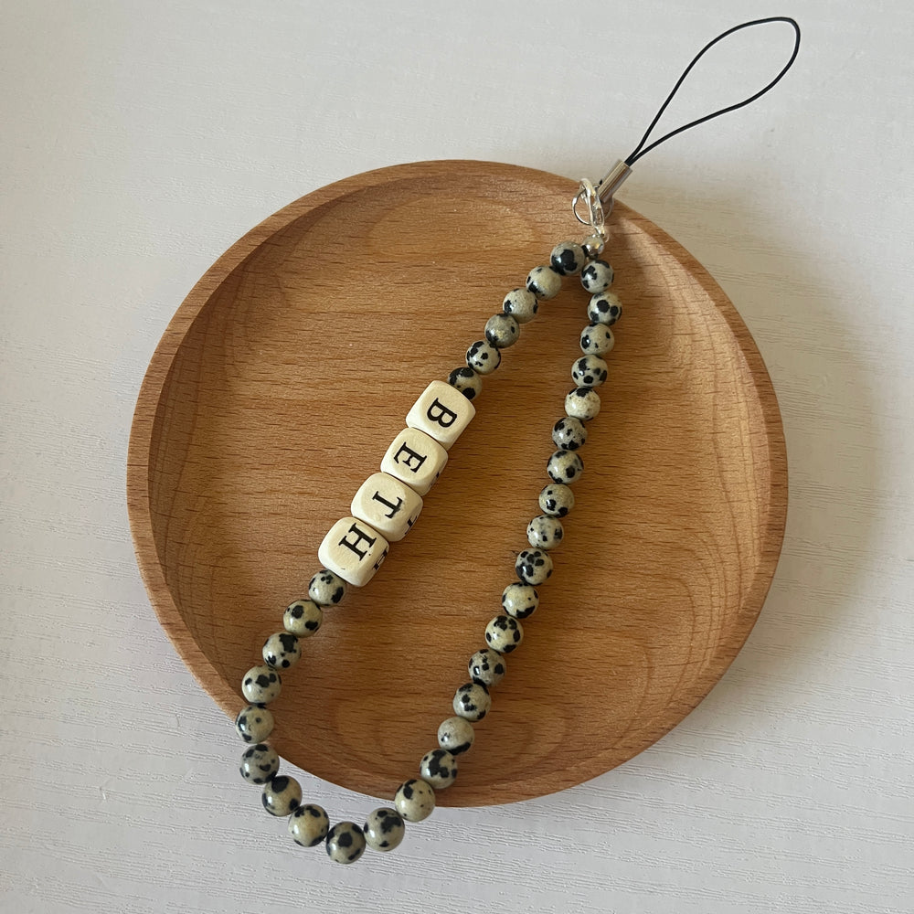 Personalised beaded phone strap - Dalmatian jasper