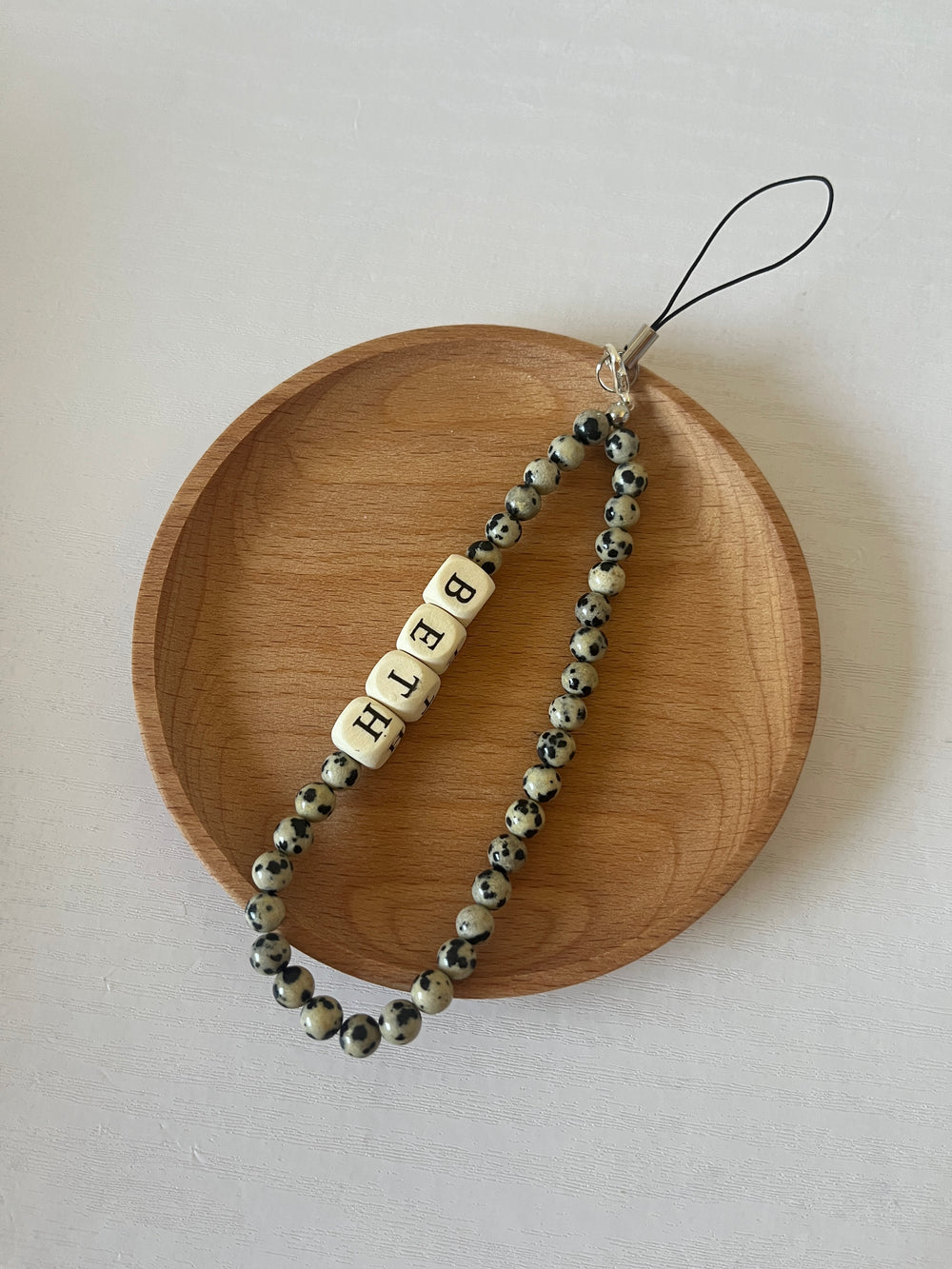 Personalised beaded phone strap - Dalmatian jasper