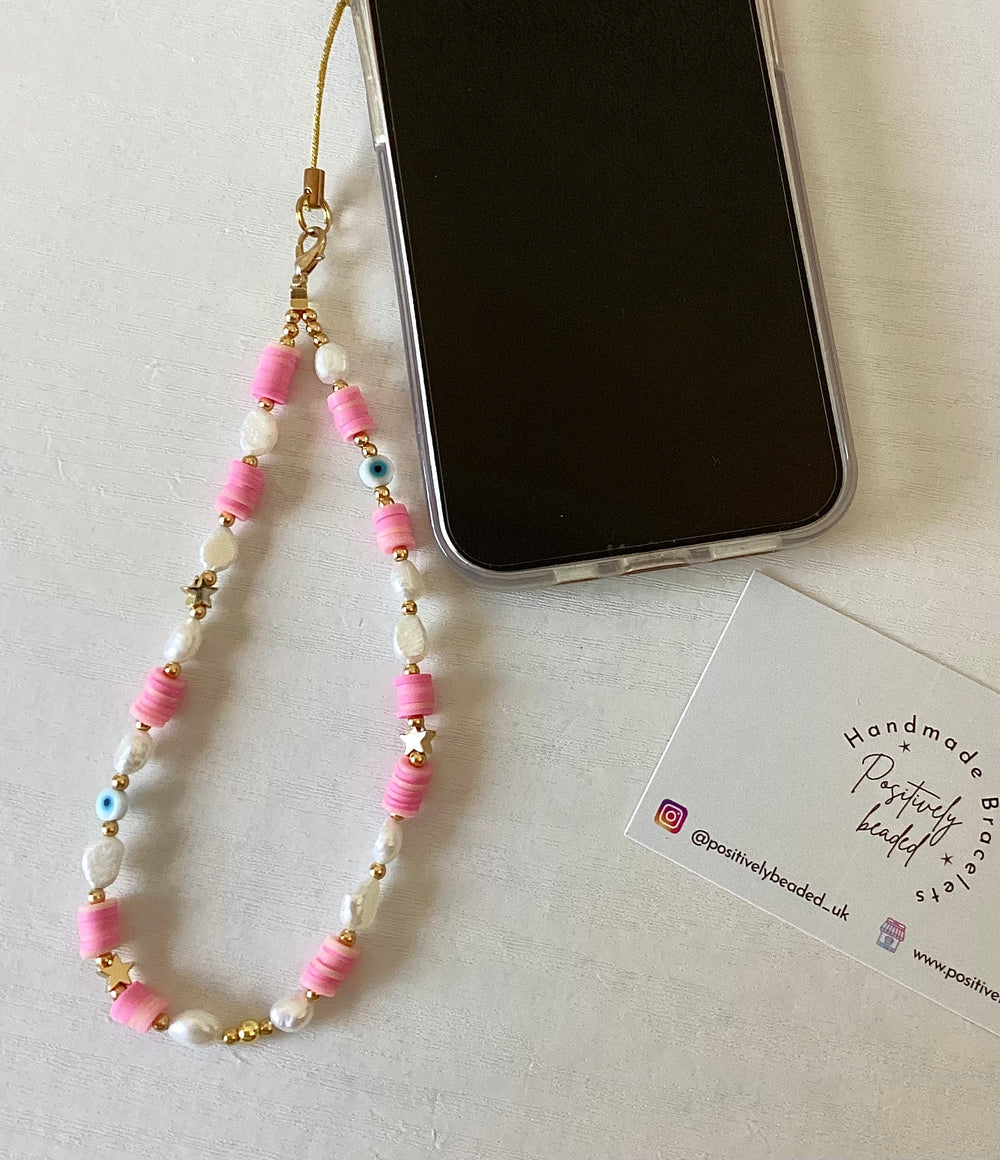 Beaded phone strap - heishi pearl