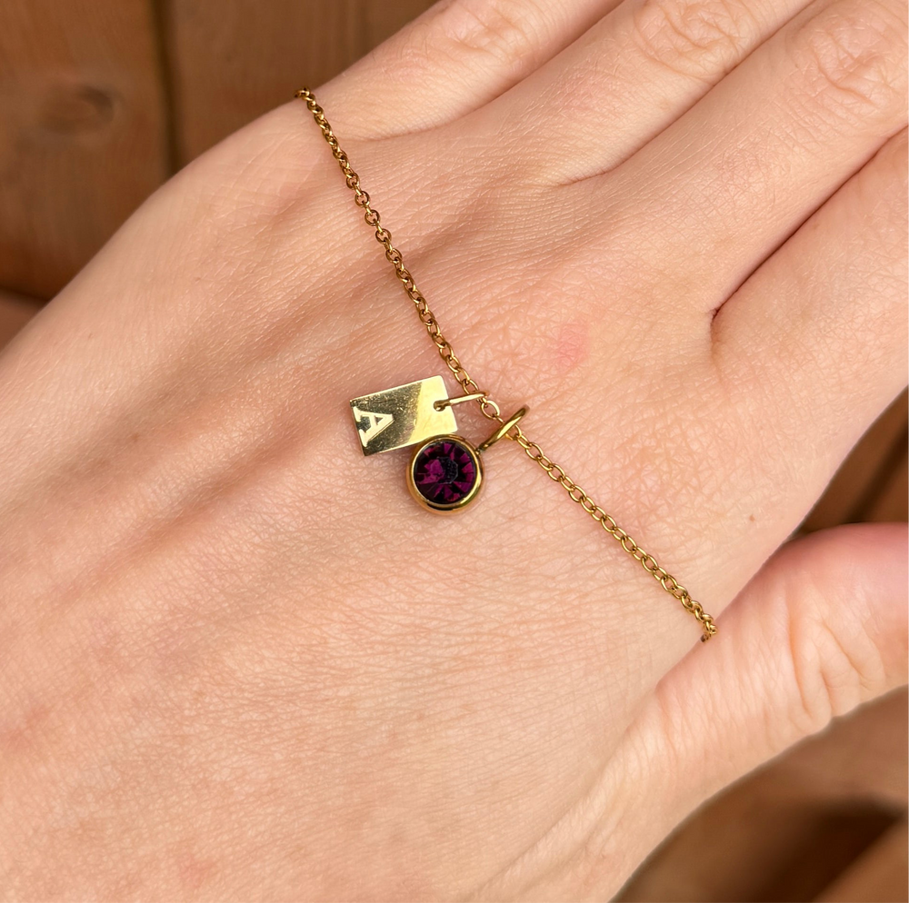 Engraved Initial Birthstone Charm Necklace - Positively Beaded